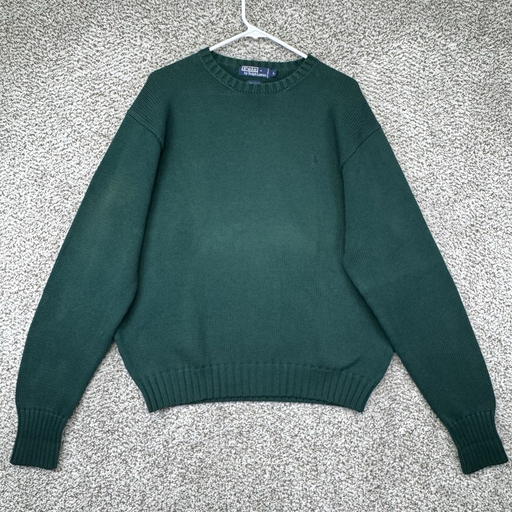 Polo Ralph Lauren Sweater Mens L Green Cotton Knit Crew Pullover Chunky‎ Heavy